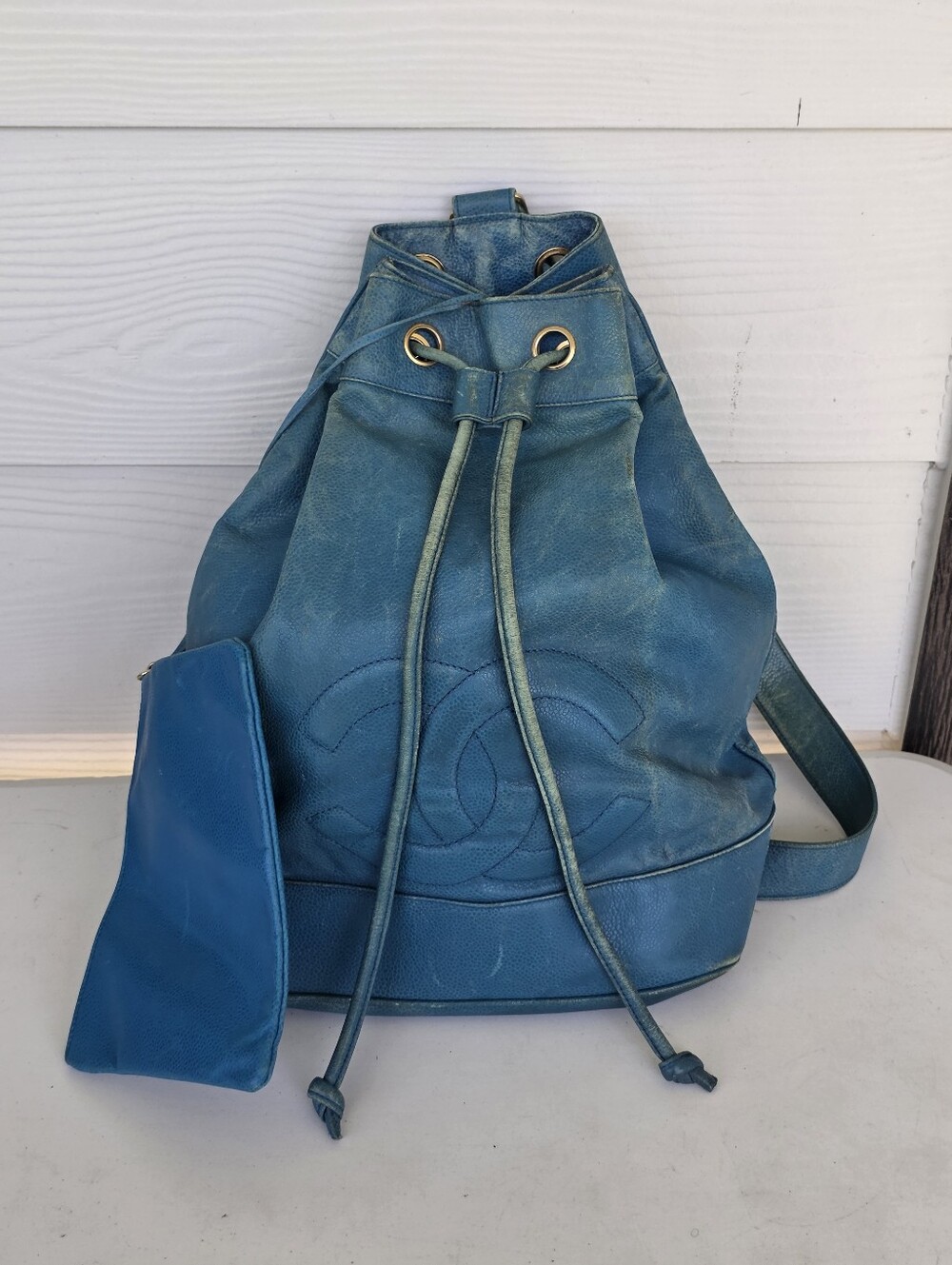Authentic Chanel Blue Caviar Leather CC Drawstring Bucket Shoulder Bag Pouch